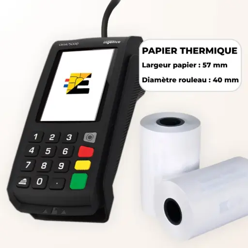 Schéma technique bobine papier thermique 58mm x 40mm pour terminal de paiement.