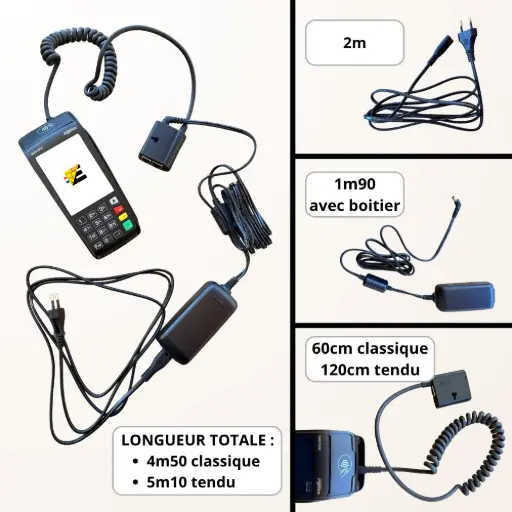 Câblage complet terminal Desk 5000 : câble spiralé 5m10, bloc alimentation 1m90 et secteur 2m