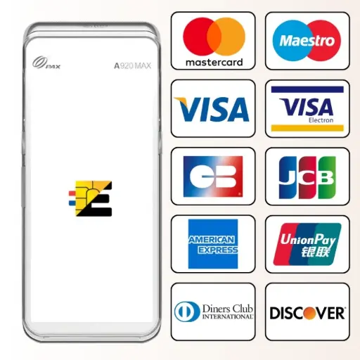 tpe pax a920 MAX SANTÉ cartes de paiement compatibles Cette image présente le PAX A920 MAX SANTÉ, considéré comme le terminal de paiement haut de gamme de PAX, et met en avant l'un de ses atouts majeurs : sa compatibilité quasi-universelle avec les cartes de paiement. Conçu pour offrir une liberté de paiement totale à vos clients, il accepte non seulement les réseaux classiques indispensables comme Visa, Mastercard, CB et American Express, mais il va bien au-delà. Comme l'illustre la grille de logos, il prend également en charge de nombreuses cartes internationales telles que JCB, UnionPay, Diners Club, Discover, ainsi que les cartes de débit Maestro et Visa Electron. En choisissant ce terminal performant, vous vous assurez de ne jamais limiter votre clientèle, offrant une expérience de paiement sans friction qui modernise et renforce l'image de votre commerce.
