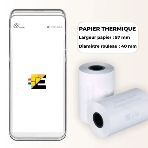 Format universel compatible : Bobines thermiques standards Largeur 58mm / Diamètre 40mm. Schéma technique bobine papier thermique 58mm x 40mm pour terminal de paiement.