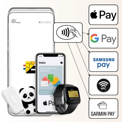 tpe pax a920 max santé paiement sans contact compatibles Cette image démontre comment le PAX A920 MAX SANTÉ, en tant que terminal haut de gamme, offre une expérience d'encaissement moderne et ultra-rapide en acceptant tous les types de paiements sans contact. Conçu pour ne plus faire attendre vos clients, il intègre la technologie NFC pour une compatibilité maximale. Comme le montre le visuel, il prend en charge les cartes bancaires classiques, mais aussi les paiements mobiles via smartphone (Apple Pay, Google Pay, Samsung Pay) et montre connectée (Garmin Pay). Fidèle à son positionnement à la pointe, il accepte même les solutions les plus innovantes comme le Money Walkie, le porte-monnaie connecté pour les plus jeunes. En optant pour le PAX A920 Pro, vous optimisez la fluidité de vos transactions et positionnez votre commerce comme une entreprise moderne, prête à satisfaire toutes les habitudes de paiement de vos clients.