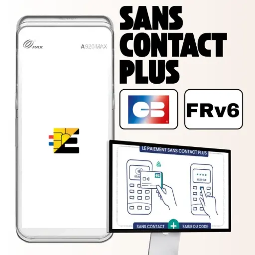 tpe pax a920 MAX SANTÉ sans contact plus disponible Cette image montre comment le PAX A920 MAX SANTÉ, en tant que terminal haut de gamme, optimise l'efficacité en caisse grâce au 'Sans contact plus'. Déverrouillée par la norme monétique FRv6, cette fonctionnalité majeure vous permet de gagner un temps précieux. Le principe, illustré par le schéma, est simple : même pour un paiement supérieur à 50 €, le client présente simplement sa carte au terminal, qui demande alors uniquement la saisie du code PIN. Fini le temps perdu à insérer la carte dans le lecteur. En rendant chaque transaction de montant élevé plus rapide et plus fluide, le PAX A920 Pro vous permet d'offrir une expérience d'achat résolument moderne, d'améliorer la satisfaction client et de simplifier votre quotidien.