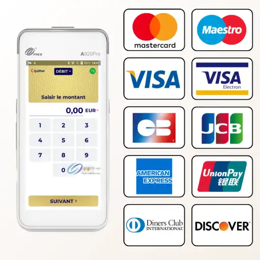 Cette image présente le PAX A920 Pro, considéré comme le terminal de paiement haut de gamme de PAX, et met en avant l'un de ses atouts majeurs : sa compatibilité quasi-universelle avec les cartes de paiement. Conçu pour offrir une liberté de paiement totale à vos clients, il accepte non seulement les réseaux classiques indispensables comme Visa, Mastercard, CB et American Express, mais il va bien au-delà. Comme l'illustre la grille de logos, il prend également en charge de nombreuses cartes internationales telles que JCB, UnionPay, Diners Club, Discover, ainsi que les cartes de débit Maestro et Visa Electron. En choisissant ce terminal performant, vous vous assurez de ne jamais limiter votre clientèle, offrant une expérience de paiement sans friction qui modernise et renforce l'image de votre commerce.