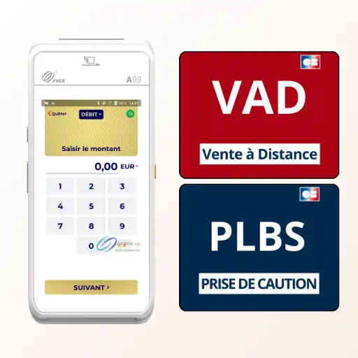 Cette image rappelle que l'ensemble de la gamme de terminaux PAX, dont le A920 Pro est un exemple haut de gamme, intègre en standard deux fonctionnalités de paiement avancées : la Vente à Distance (VAD) et la Prise de Caution (PLBS). Disponibles nativement dans l'application PAX FRv6, ces outils offrent une grande flexibilité. La VAD (logo rouge) est indispensable pour les ventes par téléphone, permettant de saisir manuellement les informations d'une carte pour un encaissement à distance sécurisé. La PLBS (logo bleu) simplifie la gestion des cautions pour la location de biens, en permettant de prendre une empreinte bancaire et de ne la débiter que si nécessaire. Il est important de souligner que ces fonctionnalités professionnelles ne sont pas des options coûteuses mais des atouts inclus de base, offrant plus de flexibilité à tous les commerçants équipés en PAX.