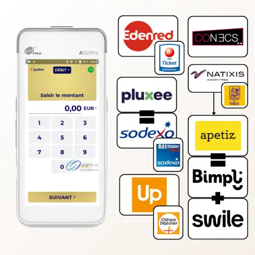 Cette image illustre comment le terminal haut de gamme PAX A920 Pro offre une solution complète et définitive pour l'acceptation des titres-restaurant dématérialisés. Comme le détaille le schéma, sa large compatibilité repose sur l'intégration de la plateforme CONECS, qui centralise la gestion de tous les principaux émetteurs du marché pour un fonctionnement simple et unifié. Le A920 Pro prend ainsi en charge l'ensemble des acteurs majeurs : Edenred (Ticket Restaurant), Pluxee (anciennement Sodexo), Up Déjeuner (anciennement Chèque Déjeuner), et Swile, qui inclut les anciens réseaux Bimpli, Natixis et Apetiz. Pour les professionnels de la restauration et du commerce alimentaire, c'est l'assurance de ne plus jamais refuser une vente, de faciliter les encaissements et de moderniser l'image de leur établissement.