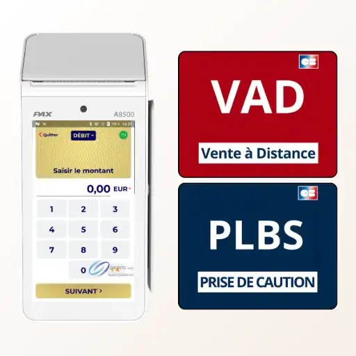 Cette image illustre deux fonctionnalités de paiement avancées, la Vente à Distance (VAD) et la Prise de Caution (PLBS), qui sont incluses de base sur tous les terminaux de paiement PAX grâce à leur application native PAX FRv6. La fonctionnalité VAD, symbolisée par le logo rouge, est un atout majeur pour les commerçants qui prennent des commandes par téléphone, comme les fleuristes, en leur permettant de saisir manuellement les 16 chiffres de la carte d'un client directement sur le terminal pour régler un achat. La fonctionnalité PLBS, représentée par le logo bleu, est conçue pour la location de biens et services ; elle permet de prendre une empreinte de carte bancaire en guise de caution et de décider au retour du matériel s'il faut l'encaisser en totalité, en partie ou l'annuler. Ces deux outils puissants ne sont pas des options coûteuses mais des atouts intégrés en standard, offrant plus de flexibilité et d'opportunités de vente aux professionnels sans surcoût.