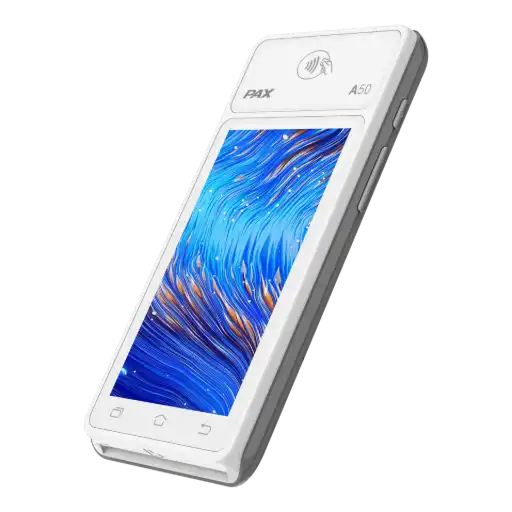 L'image montre le terminal de paiement mobile PAX A50 blanc, vu de trois-quarts. Son écran tactile est allumé et affiche un fond d'écran abstrait bleu et orange. Le texte à droite, titré 'PAX A50 : Le terminal de paiement MiniPOS Android pour professionnels', le décrit comme un terminal 'MiniPOS Android' mobile, compact et facile à utiliser, idéal pour les secteurs de la restauration, les enseignes et le transport. Il est précisé qu'il fonctionne sous 'PayDroid', un système d'exploitation sécurisé 'basé sur Android 10'. Le terminal est équipé d'un processeur 'Cortex A53 Quad-Core à 1.4 GHz' et d'une mémoire de base de '8 Go eMMC Flash et 1 Go DDR3 RAM' (extensible par Micro SD). Son écran est un '4 pouces IPS WVGA' (480x800) tactile. Il gère la connectivité 4G/3G/2G, le Wi-Fi et le Bluetooth. Le PAX A50 possède une batterie de '2000 mAh' et pèse seulement '151g'. Enfin, il est doté d'une caméra arrière de 0.3MP qui peut scanner les QR codes et est 'certifié PCI PTS v6 SRED'.