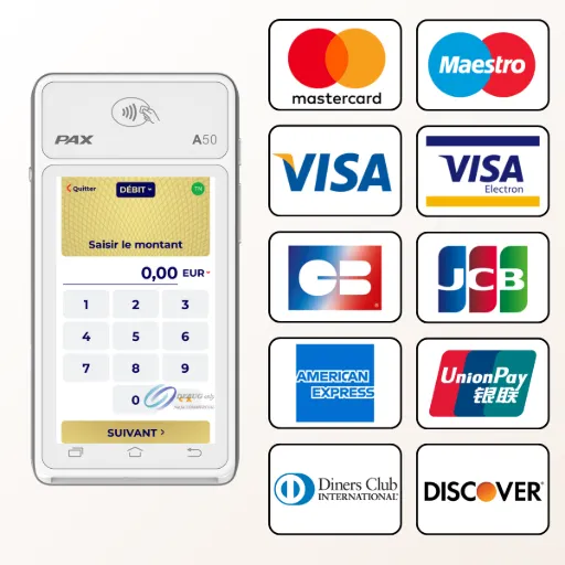 L'image montre le terminal de paiement mobile PAX A50 blanc. À sa droite, une grille affiche les logos de 10 réseaux de cartes bancaires majeurs, incluant Mastercard, Visa, American Express, Maestro, UnionPay, Diners Club et Discover. Le texte à droite, titré 'PAX A50 : Une compatibilité étendue avec les cartes bancaires', explique que pour maximiser les ventes, il est crucial d'accepter le plus grand nombre de moyens de paiement, un problème que le terminal PAX A50 résout. Il est précisé que l'appareil prend en charge les cartes les plus répandues comme Visa, Mastercard, CB ou American Express, ainsi que d'autres réseaux moins utilisés. Une liste détaille ensuite ces autres compatibilités : JCB, UnionPay, Diners Club, Discover, Maestro et Visa Electron. Le texte conclut en affirmant que le PAX A50 offre une expérience de paiement moderne et sans contrainte, permettant d'accueillir une clientèle plus large.