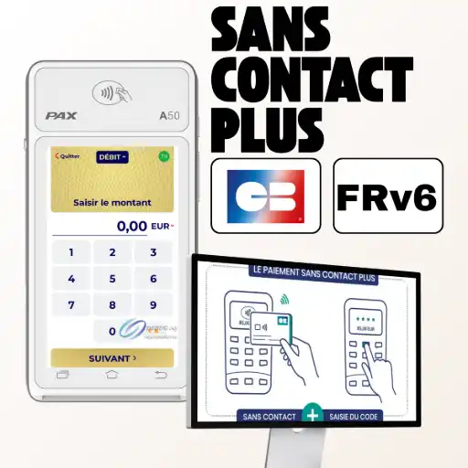 L'image montre le terminal de paiement mobile PAX A50 blanc. À ses côtés, un visuel affiche le titre en grosses lettres 'SANS CONTACT +' ainsi que les logos 'CB' (Carte Bancaire) et 'FRv6'. Une illustration en dessous compare le paiement sans contact simple au 'PAIEMENT SANS CONTACT PLUS' qui inclut la 'SAISIE DU CODE'. Le texte à droite, titré 'PAX A50 : Le sans contact sans limite de montant', explique que les encaissements sont simplifiés grâce à la compatibilité avec la norme monétique FRv6. Cette norme active le mode 'Sans contact plus', qui permet d'aller 'au-delà du plafond classique de 50 €'. Le fonctionnement est ensuite détaillé : si la somme est inférieure à 50€, la transaction est immédiate ; au-delà, le client confirme simplement avec son 'code PIN' 'sans avoir besoin d'insérer physiquement la carte'. Les 'bénéfices' de cette méthode sont listés comme le 'Gain de temps' (paiements accélérés), la 'Simplicité' (expérience fluide) et la 'Satisfaction' (service moderne). Le texte conclut qu'avec le PAX A50, on répond aux attentes d'une clientèle exigeante tout en optimisant l'efficacité.
