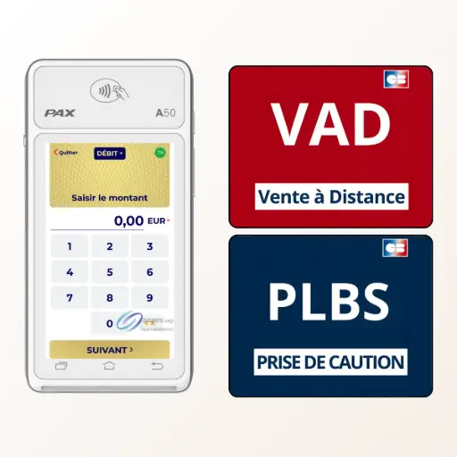 L'image montre le terminal de paiement mobile PAX A50 blanc, à côté de deux grands visuels : un rouge pour 'VAD (Vente à Distance)' et un bleu pour 'PLBS (Prise de caution)'. Le texte à droite, titré 'VAD et PLBS Inclus de base sur tous les terminaux PAX', explique que chaque TPE PAX inclut l''application de paiement native PAX FRv6', qui est une véritable plateforme de paiement intégrant ces fonctionnalités avancées par défaut. Le texte détaille ensuite ces 'fonctionnalités de paiement avancées'. La 'Vente à distance (VAD)' est décrite comme une fonction permettant de saisir manuellement les 16 chiffres de la carte d'un client au téléphone, un atout 'indispensable pour les fleuristes' par exemple. Le 'Paiement pour la Location de Biens et Services (PLBS)' est une fonction permettant de 'prendre une caution' simplement, puis de décider au retour du matériel s'il faut débiter ou non le montant. Le texte conclut en précisant que ce ne sont pas des options coûteuses, mais des 'atouts inclus nativement' dans l'application PAX FRv6.