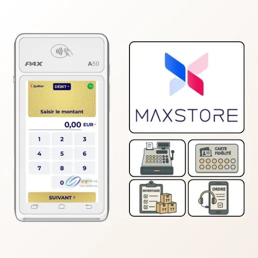 L'image montre le terminal de paiement mobile PAX A50 blanc. À sa droite, un schéma illustre l'écosystème 'MAXSTORE', montrant son logo au-dessus de quatre icônes représentant la caisse, la carte de fidélité, l'inventaire et la prise de commande. Le texte à droite, titré 'Déployez tout le potentiel de votre PAX A50 grâce au MAXSTORE', présente le MAXSTORE, développé par PAX Technology, comme un 'véritable écosystème' conçu pour enrichir et optimiser les performances du terminal PAX A50. Il est expliqué qu'il donne accès à un 'large catalogue d'applications' adaptées aux besoins des commerçants et restaurateurs. Les solutions disponibles listées incluent : les 'Logiciels de caisse et de gestion de point de vente', les 'Applications de fidélisation', les outils de 'suivi d'inventaire et de gestion des stocks' et les 'Solutions de commande et de réservation'. Le texte conclut qu'avec le MAXSTORE, le PAX A50 devient un 'outil polyvalent' qui s'ajuste aux exigences de l'activité.