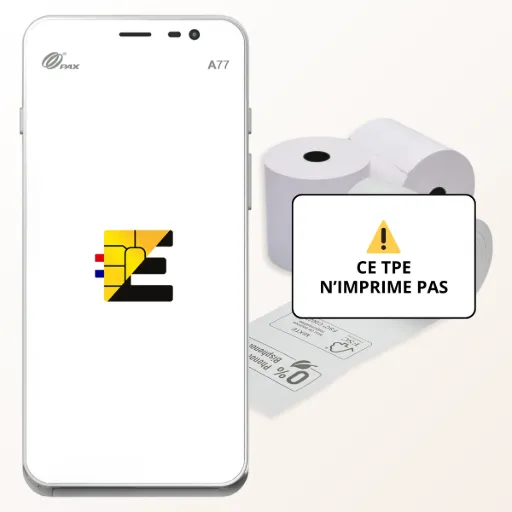 L'image montre le terminal de paiement blanc PAX A77, à côté d'une illustration de rouleaux de papier thermique et d'un reçu, barrée par un panneau d'avertissement jaune indiquant 'CE TPE N'IMPRIME PAS'. Le texte à droite commence par une alerte claire : 'Attention ! Ce terminal de paiement ne peut pas imprimer !'. Il explique que le TPE PAX A77 est un terminal portable et compact, mais qu'il 'n'est pas équipé d'une imprimante intégrée', signifiant qu'il ne peut pas imprimer directement les reçus de transaction. Le texte précise qu'il est 'conçu pour la mobilité' et se concentre sur les fonctionnalités de paiement (puce, magnétique, sans contact), son 'format smartphone' ne permettant pas d'intégrer une imprimante. Il conclut que si l'activité nécessite de fournir des reçus papier, il faudra prévoir une alternative, comme une 'solution de dématérialisation des tickets' ou une 'imprimante externe connectée via Bluetooth ou Wi-Fi'.