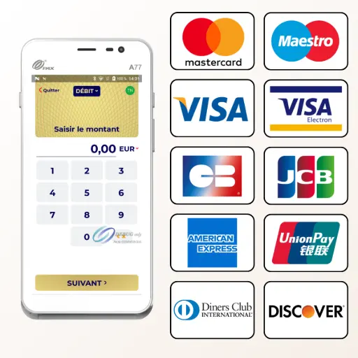 Cette image présente le terminal de paiement PAX A77, qui se distingue par son design fin et moderne en format smartphone. L'un de ses atouts majeurs, illustré par les nombreux logos, est sa grande compatibilité avec les cartes de paiement. Avec ce terminal, la question de savoir si une carte sera acceptée ne se pose plus : il prend en charge non seulement les réseaux classiques comme Visa, Mastercard, CB et American Express, mais aussi un large éventail de cartes internationales et de débit telles que JCB, UnionPay, Diners Club, Discover, Maestro et Visa Electron. En alliant un format élégant à une acceptation quasi-universelle, le PAX A77 modernise l'expérience de paiement et vous assure de ne jamais perdre une vente.