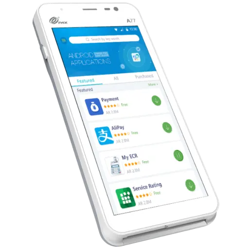 L'image montre le terminal de paiement mobile PAX A77 blanc, vu de trois-quarts. Son grand écran tactile est allumé et affiche une interface de type 'store' intitulée 'ANDROID APPLICATIONS', listant diverses applications professionnelles comme 'Payment' et 'AllPay'. Le texte à droite, titré 'Le PAX A77 : Performance et autonomie au service de votre activité', le décrit comme un terminal mobile conçu pour les environnements professionnels modernes, alliant 'technologie de pointe' et 'autonomie exceptionnelle'. Il est précisé qu'il est doté d'un 'puissant processeur' assurant une grande vitesse et fluidité. Avec '1 Go de RAM et 8 Go de stockage interne (extensible jusqu'à 128 Go)', il gère facilement de multiples applications. Il fonctionne sous 'PayDroid', un système d'exploitation sécurisé 'basé sur Android 10', offrant une interface intuitive. Enfin, sa 'batterie haute capacité de 5150 mAh' lui assure une 'autonomie prolongée sur toute la journée', permettant de travailler sans interruption.