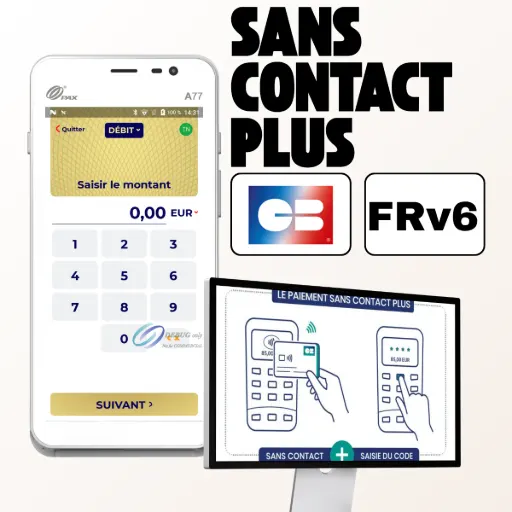 Cette image met en avant la capacité du terminal PAX A77 à simplifier et moderniser chaque transaction grâce à la fonctionnalité 'Sans contact plus'. Livré avec la norme monétique FRv6, ce TPE au format smartphone permet à vos clients de régler en sans contact même les montants supérieurs à 50 €. Le principe est simple et rapide, comme l'illustre le schéma : le client approche sa carte du terminal, et si le seuil est dépassé, l'appareil demande simplement la saisie du code PIN, sans jamais avoir à insérer la carte. Cette innovation est un atout véritable qui rend les transactions de montants élevés plus fluides, vous fait gagner du temps en caisse et améliore significativement la satisfaction client en offrant une expérience de paiement plus simple et moderne.