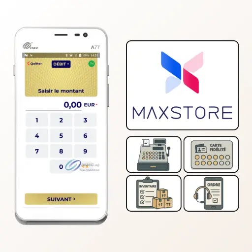 L'image montre le terminal de paiement blanc PAX A77 à côté d'un schéma illustrant l'écosystème 'MAXSTORE'. Ce schéma affiche le logo MAXSTORE au-dessus de quatre icônes (caisse enregistreuse, carte de fidélité, inventaire et prise de commande). Le texte à droite, titré 'Optimisez votre terminal PAX A77 avec le MAXSTORE : L'Écosystème d'applications Android complet', présente le MAXSTORE comme la plateforme innovante conçue par PAX Technology pour libérer tout le potentiel du terminal PAX A77. Il est expliqué que MAXSTORE donne accès à un 'catalogue complet' d'applications logicielles développées spécifiquement pour le système Android du PAX A77. Le texte liste ensuite les outils essentiels mis à disposition pour la productivité : des applications de 'gestion de caisse et de point de vente', des outils de 'fidélisation client', des solutions d''inventaire et de gestion des stocks' et des applications pour la 'prise de commande' ou la réservation. Le texte conclut en affirmant que le MAXSTORE transforme le PAX A77 en un outil 'puissant et polyvalent'.