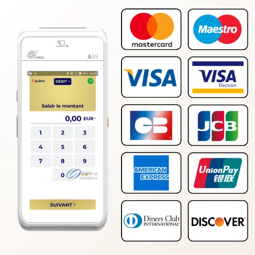 Cette image présente le terminal de paiement mobile PAX A99 et l'impressionnante gamme de cartes de paiement avec lesquelles il est compatible. Le visuel confirme que ce TPE accepte un très grand nombre de cartes, incluant les réseaux majeurs comme Visa, Mastercard, CB et American Express, mais aussi Maestro, Visa Electron, JCB, UnionPay, Diners Club et Discover. Au-delà de cette large compatibilité, le PAX A99 se distingue par des caractéristiques modernes : il fonctionne sous le système d'exploitation Android 12, une évolution qui le rend totalement évolutif et prêt pour les innovations futures. Il intègre également un écran côté client, une fonctionnalité très pratique qui permet à vos clients de voir et de vérifier le montant de la transaction en toute transparence. L'ensemble de ces caractéristiques en fait un TPE fiable et complet, vous assurant de ne jamais refuser une vente.