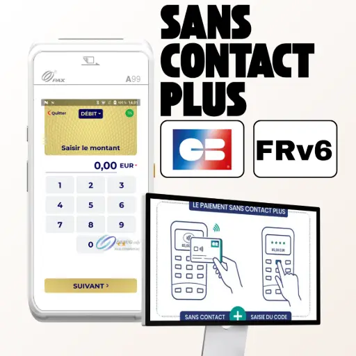 Cette image illustre comment le terminal de paiement PAX A99 intègre le 'Sans contact plus', une fonctionnalité clé rendue possible par sa compatibilité avec la norme monétique FRv6. Comme le montre le visuel, cette technologie permet d'effectuer des paiements sans contact même au-delà du plafond habituel de 50 €. Le processus, détaillé dans le schéma, est simple et rapide : le client approche sa carte du terminal et, si le montant est élevé, le TPE l'invite instantanément à saisir son code PIN sur son clavier. L'avantage majeur est qu'il n'est plus nécessaire d'insérer la carte dans le lecteur, ce qui fluidifie et accélère considérablement la transaction. En adoptant cette innovation, vous offrez un véritable gain de temps à vos clients pour les paiements les plus élevés et vous modernisez significativement l'expérience en point de vente.