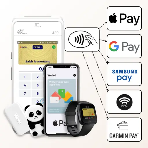 Cette image illustre la compatibilité optimale du terminal de paiement PAX A99 avec tout l'écosystème du paiement sans contact. Grâce à sa technologie NFC intégrée, il accepte non seulement les cartes bancaires traditionnelles, mais aussi les paiements mobiles les plus modernes. Comme le montre le visuel, vos clients peuvent payer facilement avec leur smartphone ou leur montre connectée via des services populaires tels que Apple Pay, Google Pay, Samsung Pay et Garmin Pay. À la pointe de l'innovation, ce terminal prend également en charge des solutions plus récentes comme les 'Money Walkie', des porte-monnaie connectés conçus pour les enfants. En offrant une telle flexibilité, le PAX A99 vous permet de moderniser l'image de votre commerce, d'optimiser l'expérience client et de répondre à toutes les nouvelles habitudes de consommation.