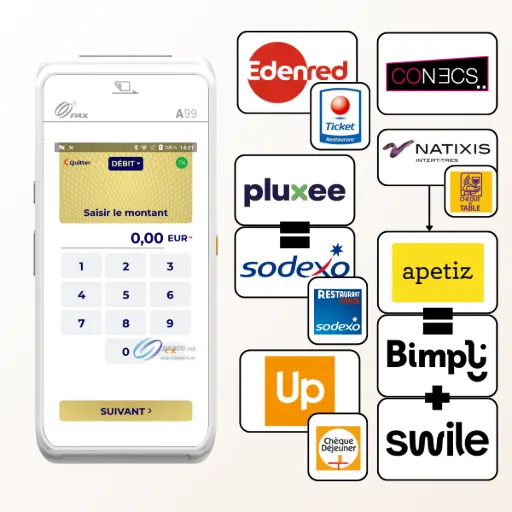 Cette image illustre la large compatibilité du terminal de paiement PAX A99 avec les titres-restaurant, ce qui en fait un outil idéal pour les professionnels de la restauration et du commerce alimentaire. Le schéma visuel explique comment le terminal, grâce au logiciel CONECS qui centralise la gestion des titres-restaurant dématérialisés, peut accepter la quasi-totalité des cartes en toute simplicité. Il prend en charge tous les principaux émetteurs du marché, incluant Edenred (Ticket Restaurant), Pluxee (anciennement Sodexo), Up Déjeuner (anciennement Chèque Déjeuner), et Swile (qui a fusionné avec Bimpli et regroupe Natixis et Apetiz). En offrant cette acceptation élargie, le PAX A99 vous permet de simplifier vos encaissements, d'améliorer l'expérience de vos clients et d'augmenter votre clientèle.