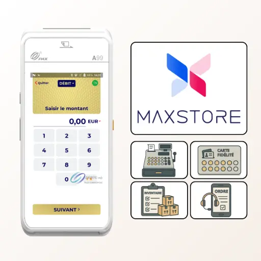 Cette image présente le MAXSTORE, l'écosystème d'applications Android complet conçu pour libérer tout le potentiel de votre terminal de paiement PAX A99. Fonctionnant comme une boutique d'applications, le MAXSTORE vous donne accès à un catalogue complet de logiciels métiers spécifiquement développés pour le A99, le transformant en un véritable centre de commande. Comme l'illustrent les icônes, vous pouvez y télécharger des outils essentiels pour votre productivité, tels que des applications de gestion de caisse, des programmes de fidélisation client, des solutions pour la gestion des stocks, ou encore des applications pour la prise de commande. En résumé, le MAXSTORE transforme votre PAX A99 d'un simple TPE en un outil puissant et polyvalent que vous pouvez entièrement personnaliser pour l'adapter aux besoins précis de votre entreprise et optimiser votre efficacité au quotidien.