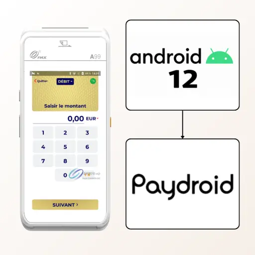 Cette image illustre le cœur technologique du terminal PAX A99 : son système d'exploitation PayDroid, une plateforme ultra-sécurisée spécifiquement optimisée pour le paiement et basée, comme le montre le schéma, sur la version moderne Android 12. Cette architecture de pointe offre une interface utilisateur intuitive qui fluidifie chaque transaction, tout en garantissant une sécurité maximale pour protéger les données de vos clients. Grâce à cette base Android, le PAX A99 va bien au-delà du simple encaissement en donnant accès au MAXSTORE, la marketplace d'applications métiers de PAX. Vous pouvez ainsi le transformer en un véritable centre de commande numérique en le personnalisant avec des applications adaptées à votre activité (gestion de stock, fidélité, etc.). Cette capacité unique lui confère une adaptabilité et une efficacité exceptionnelles, lui permettant d'évoluer avec votre commerce.