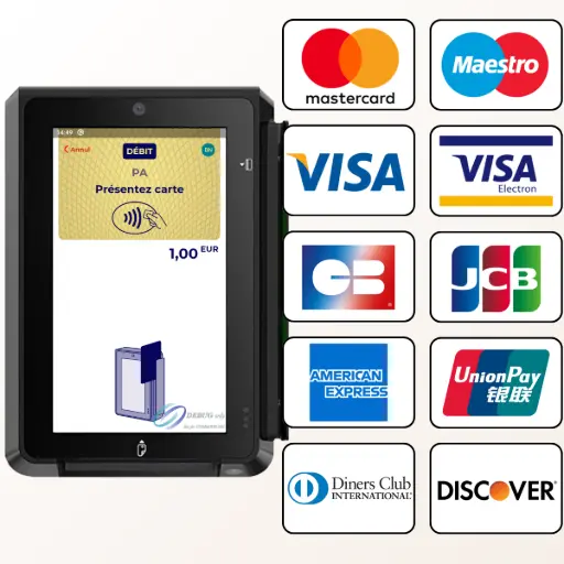 L'image présente un terminal de paiement électronique, le PAX IM30, avec son écran vierge affichant un logo stylisé en forme de "E" jaune et noir. À droite de l'écran du terminal, une mosaïque de dix logos de cartes bancaires est disposée en deux colonnes de cinq, représentant une large acceptation des moyens de paiement. On peut y voir les logos de Mastercard, Maestro, Visa, Visa Electron, CB, JCB, American Express, UnionPay, Diners Club International et Discover. Le texte à droite de l'image, intitulé "Pourquoi choisir un TPA qui accepte un maximum de cartes ?", explique que dans le commerce moderne, la diversité des moyens de paiement est devenue incontournable. Un terminal de paiement moderne doit pouvoir accepter sans distinction aussi bien les cartes les plus répandues que celles utilisées par une clientèle plus spécifique. Il est précisé que le PAX IM30 est capable de prendre en charge les cartes Visa, Mastercard, CB (Cartes Bancaires en France) ou American Express. Il accepte également des cartes moins courantes comme Maestro, Visa Electron, Discover / Diners Club (particulièrement utile pour le tourisme et la clientèle internationale) et UnionPay, qui est indispensable pour les visiteurs asiatiques. Le texte conclut qu'un terminal de paiement limité ferme des portes, tandis qu'un terminal universel en ouvre beaucoup plus, ce qui est la clé pour stimuler les ventes et satisfaire chaque client.