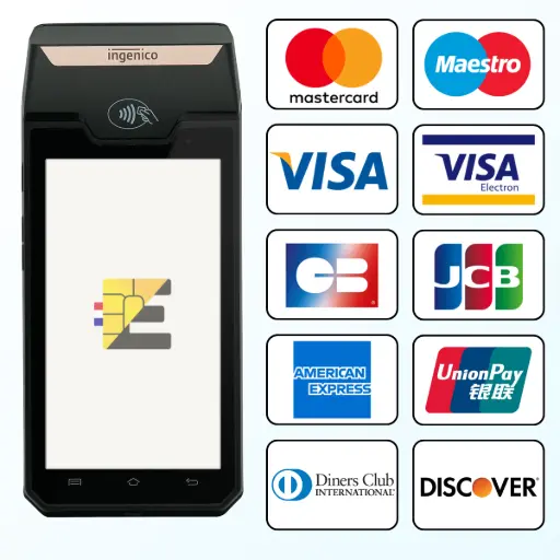 L'image montre le terminal de paiement fixe Ingenico DX4000 noir, doté d'un grand écran tactile vertical. À sa droite, une grille de logos illustre sa large compatibilité, incluant Mastercard, Maestro, Visa, Visa Electron, CB, JCB, American Express, UnionPay, Diners Club et Discover. Le texte à droite, titré 'Le DX4000 accepte une multitude de cartes de paiement', le présente comme la solution idéale pour accepter 'toutes les catégories de cartes bancaires', des plus classiques (CB, Visa, Mastercard) aux internationales. Son atout majeur est sa compatibilité étendue (American Express, JCB, UnionPay, Diners Club), assurant de ne 'jamais manquer une vente'. Le texte souligne également que le DX4000 est réputé pour sa 'grande fiabilité' et sa conception solide, tout en étant 'conçu pour évoluer' et maintenir son efficacité sur le long terme.