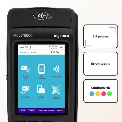 L'image montre un gros plan sur le terminal de paiement mobile Ingenico Move/5000, mettant en avant son écran couleur allumé et son clavier. Trois encadrés résument les atouts de l'affichage : '3,5 pouces', 'Écran tactile' et 'Couleurs HD'. Le texte à droite, titré 'Une expérience de paiement Premium, Accessible à Tous', détaille l'ergonomie de l'appareil. La section 'Un Écran Tactile au service de l'Interaction' décrit un écran HD de 3,5 pouces lumineux, permettant la capture de signature électronique. La section 'Confort et visibilité' vante le clavier physique entièrement rétroéclairé, assurant des paiements sans erreur même dans la pénombre (restaurants, terrasses). Enfin, la section 'Conçu pour l'accessibilité' souligne que le terminal est inclusif pour les personnes malvoyantes, intégrant des repères tactiles sur la touche 5 et des symboles en relief sur les touches d'action (Valider, Annuler, Corriger).