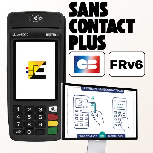 L'image montre le terminal de paiement mobile Ingenico Move 5000. À ses côtés, un visuel affiche le titre 'SANS CONTACT PLUS' avec les logos 'CB' et 'FRv6', ainsi qu'un schéma illustrant le paiement sans contact avec saisie du code. Le texte à droite, titré 'PIN Online : le Sans Contact par carte sans limite de 50€', met en avant cette innovation. Grâce à la norme FRv6, le terminal permet aux clients de régler des montants supérieurs à 50€ avec leur carte physique en sans contact, simplement en tapant leur code PIN, sans insérer la carte. Le texte explique que le 'PIN Online' interroge directement la banque pour valider le code, combinant vitesse et sécurité. Cette fonction est présentée comme idéale pour la mobilité (livraisons, marchés), garantissant fluidité et productivité pour les gros paniers.
