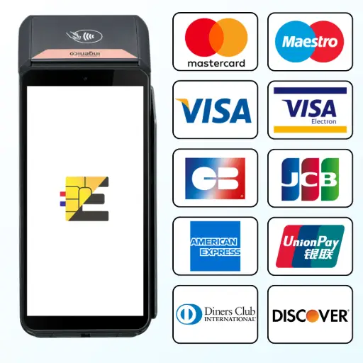 L'image montre le terminal de paiement mobile Ingenico DX8000 noir, doté d'un grand écran tactile. À sa droite, une grille de logos illustre sa large compatibilité, incluant Mastercard, Maestro, Visa, Visa Electron, CB, JCB, American Express, UnionPay, Diners Club et Discover. Le texte à droite, titré 'Une compatibilité avec une large gamme de cartes bancaires', explique que le terminal a été conçu pour éliminer toute friction lors de l'encaissement. Il met en avant sa compatibilité universelle, acceptant les cartes incontournables (CB, Visa, Mastercard) ainsi que les cartes internationales (American Express, UnionPay, JCB, Discover), pour ne jamais refuser une vente. Enfin, le DX8000 est décrit comme 'Un investissement tourné vers l'avenir', un équipement pérenne capable de s'adapter aux futures normes et technologies.