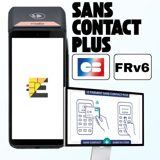 L'image montre le terminal de paiement mobile Ingenico DX8000. À ses côtés, un visuel affiche le titre en lettres capitales 'SANS CONTACT PLUS' avec les logos 'CB' et 'FRv6', accompagné d'un schéma illustrant le paiement sans contact combiné à la saisie du code. Le texte à droite, titré 'Le "PIN Online" : La simplicité au service de la performance', explique cette avancée aussi appelée 'Sans Contact +'. Le principe est décrit : le client présente sa carte et, pour une transaction excédant le plafond de 50€, saisit simplement son code PIN sur le clavier, sans avoir besoin d'insérer la carte. Cette technologie fusionne la rapidité du sans contact avec la sécurité du code PIN (vérifié directement en ligne). Les avantages cités sont un 'gain de temps notable', une 'efficacité accrue' fluidifiant les files d'attente, et une 'expérience modernisée' pour le client.