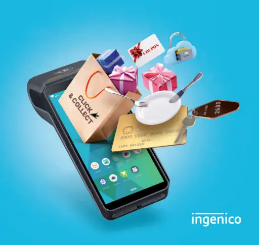Terminal de paiement AXIUM Ingenico avec écran tactile affichant l'interface de l'Ingenico Store et ses applications professionnelles