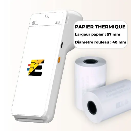 Schéma technique bobine papier thermique 58mm x 40mm pour terminal de paiement.