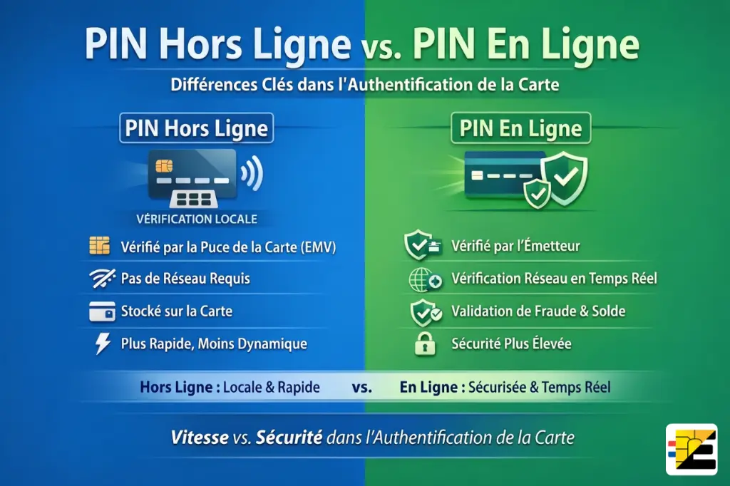 Infographie comparant le PIN Hors Ligne (vérification locale par la puce EMV, sans réseau) et le PIN En Ligne (vérification par l'émetteur en temps réel via Internet, avec validation de fraude et sécurité renforcée).