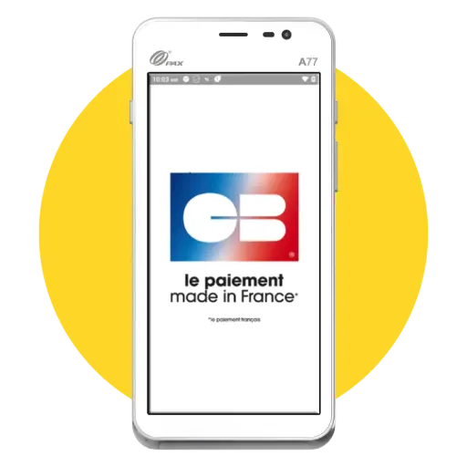 Terminal PAX FRv6 affichant le logo CB et la signature paiement made in France