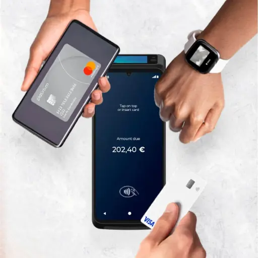 Paiement sans contact avec TPE Castles S1F4 MAX DUO, carte Visa et montre connectée.