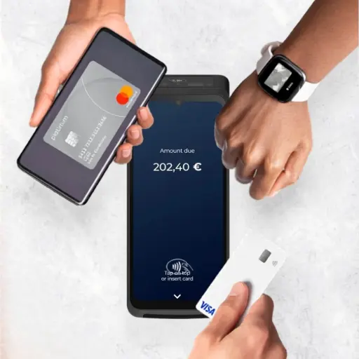 Paiement sans contact avec TPE Castles S1F4 PRO, carte Visa et montre connectée