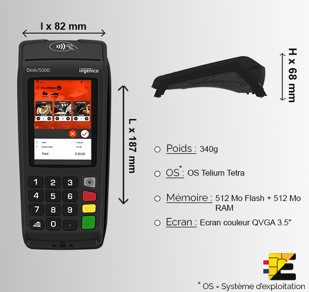 Détails technique du terminal de paiement (TPE) Ingenico Desk 5000 Taille, poids, OS système d'exploitation, mémoire, et taille de l'écran tactile